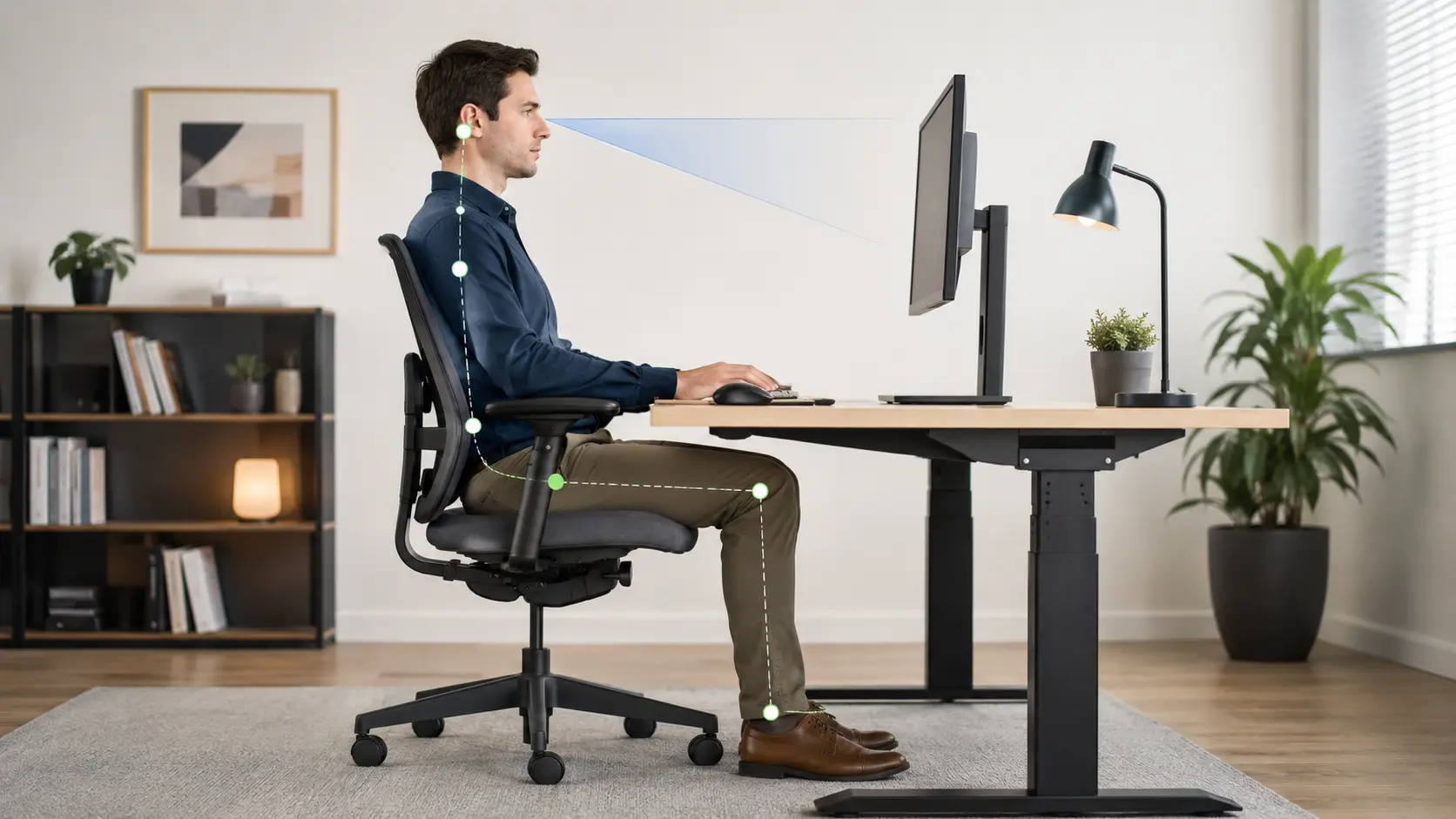Tư thế ngồi chuẩn sau khi áp dụng cách hạ ghế xoay phù hợp với cơ thể